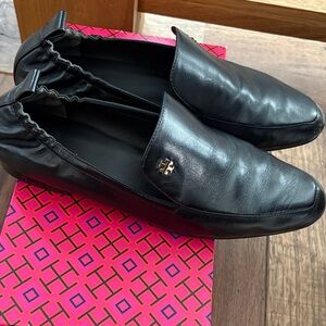 Tory Burch Black Leather Loafers with Gold Logo